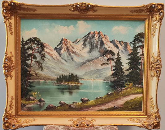 Ölgemälde - Eibsee mit Zugspitze -  sign.  - Berge Natur Alpen Antik