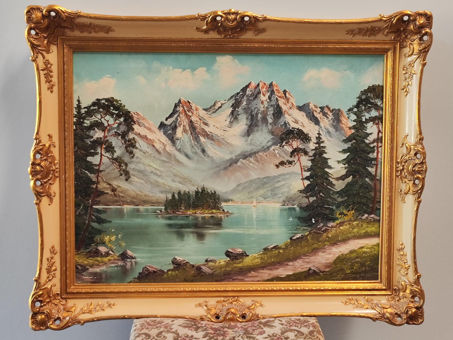 Ölgemälde - Eibsee mit Zugspitze -  sign.  - Berge Natur Alpen Antik