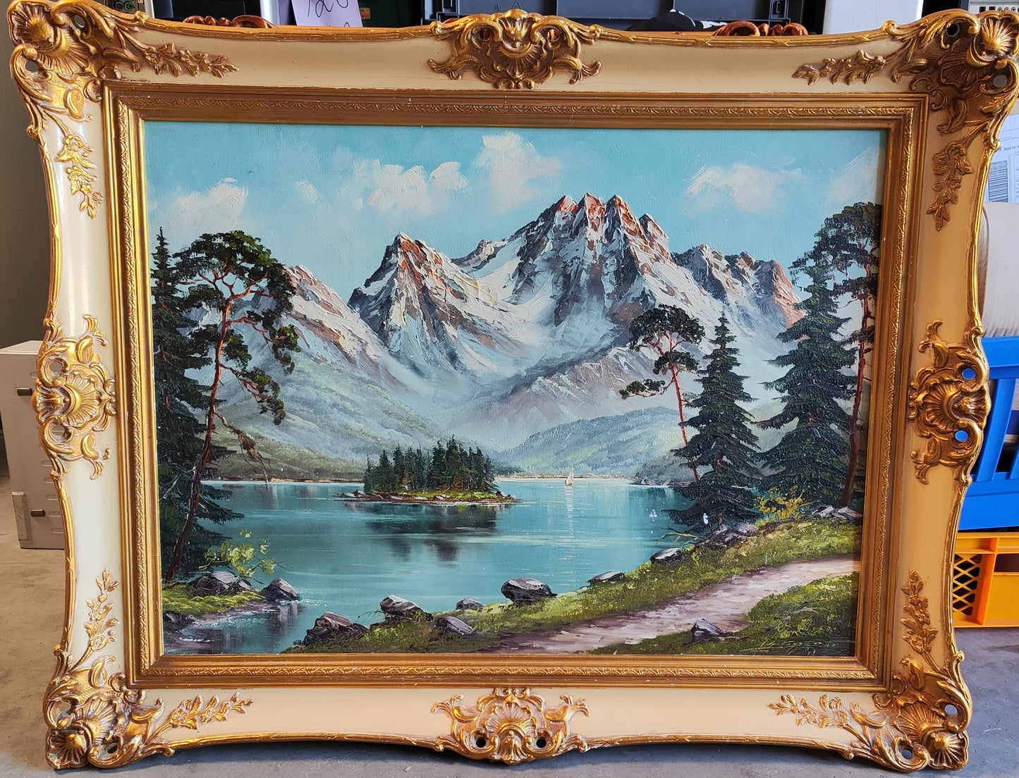 Ölgemälde - Eibsee mit Zugspitze -  sign.  - Berge Natur Alpen Antik